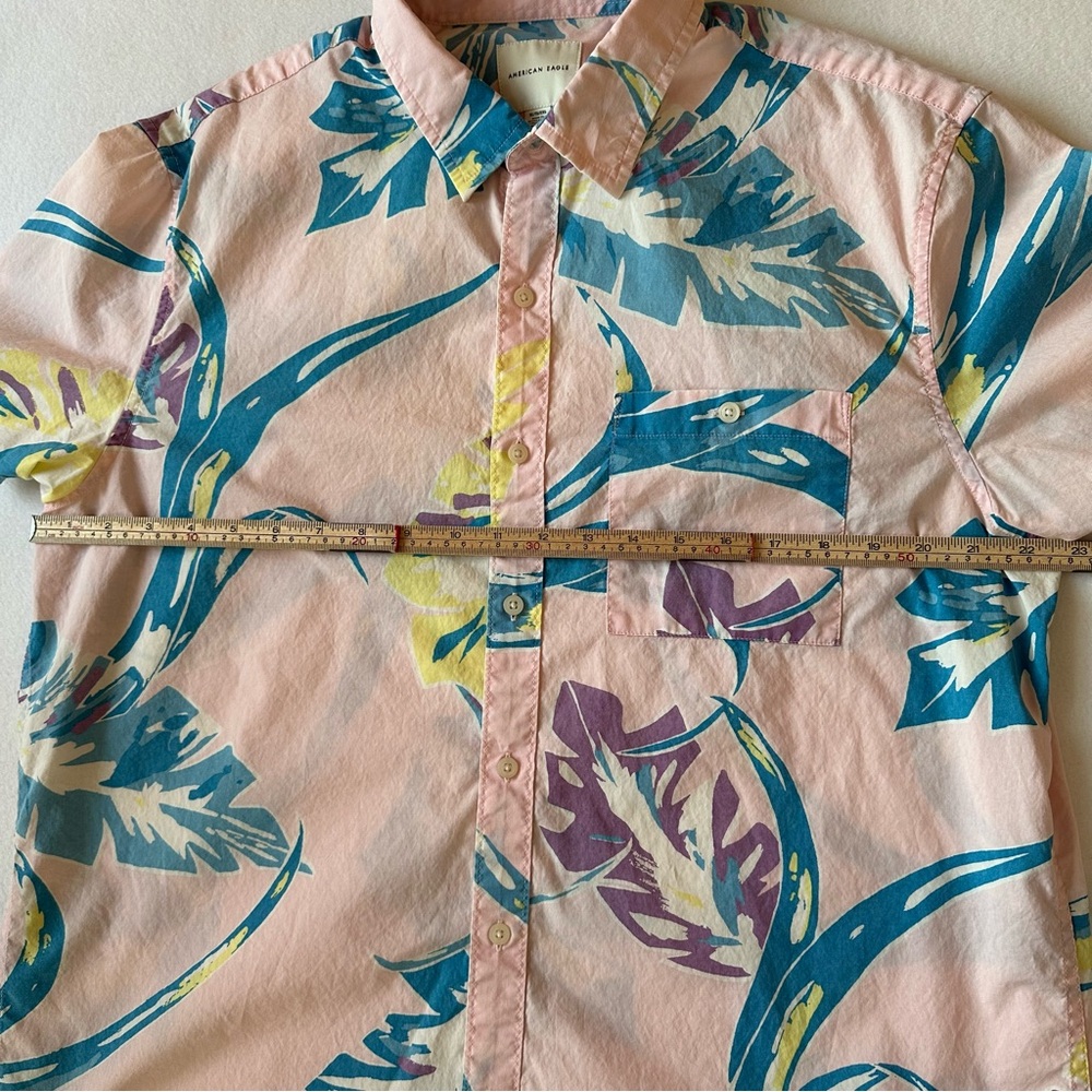American Eagle Hawaiian Button Down Shirt Pink Blue Cotton Short Sleeve Men’s XL - Picture 7 of 9